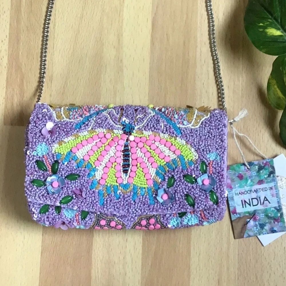 Handcrafted Purple Beaded Butterfly Clutch - Picture 1 of 6